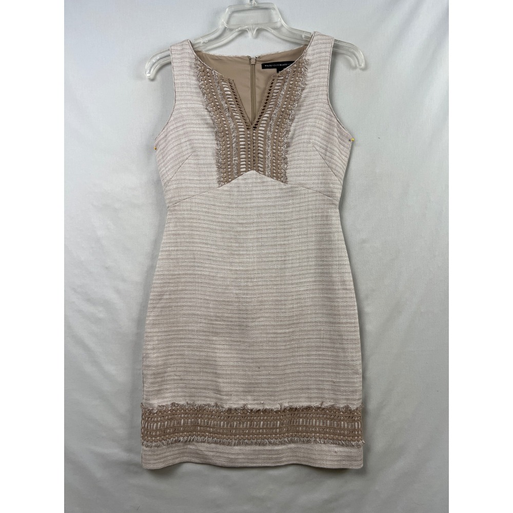 White House Black Market Dress Womens 00 Sheath Tan Linen Blend Crochet Lace